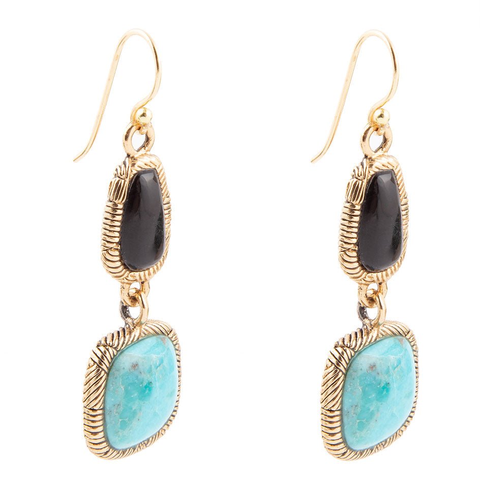 Black Onyx and Blue turquoise Golden Bronze Drop Earrings Barse Jewelry