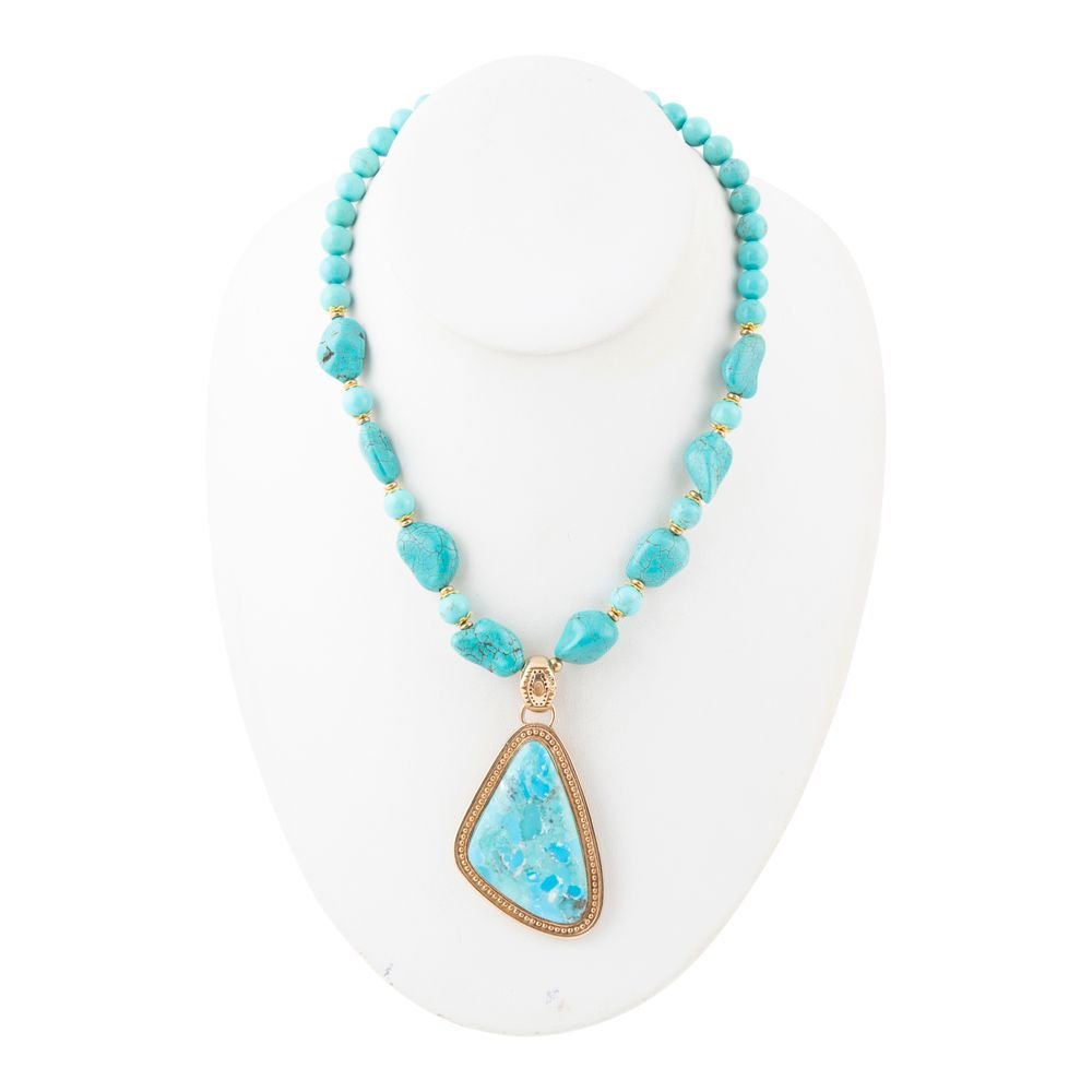 Blue Turquoise Triangle Golden Pendant Necklace Barse Jewelry