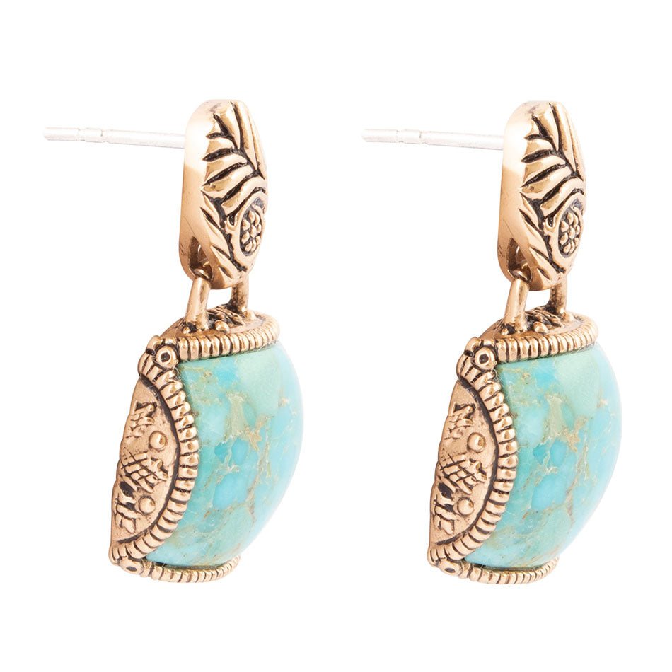 Carved Blue Turquoise Golden Drop Earrings Barse Jewelry