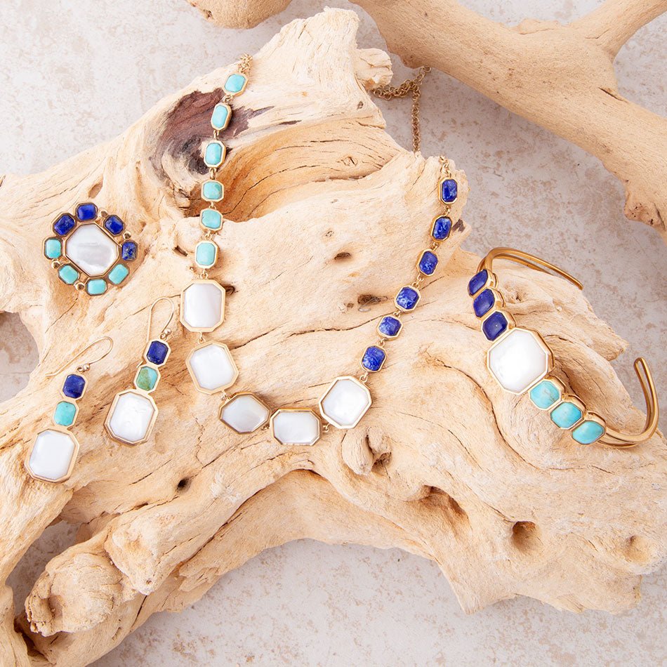 Dual Color Blue Lapis Turquoise and White Mother of Pearl Golden Cuff Bracelet Barse Jewelry
