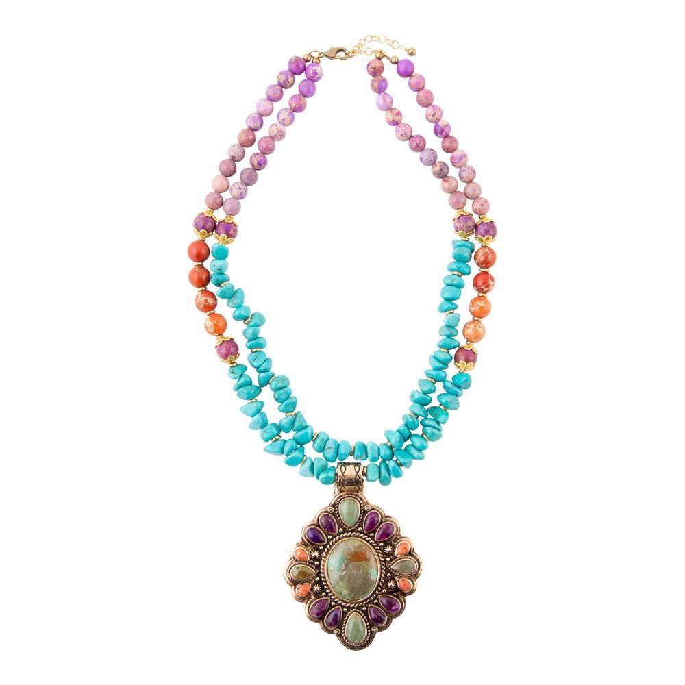 Prescott Blue Turquoise Purple and Orange Statement Pendant Golden Necklace Barse Jewelry