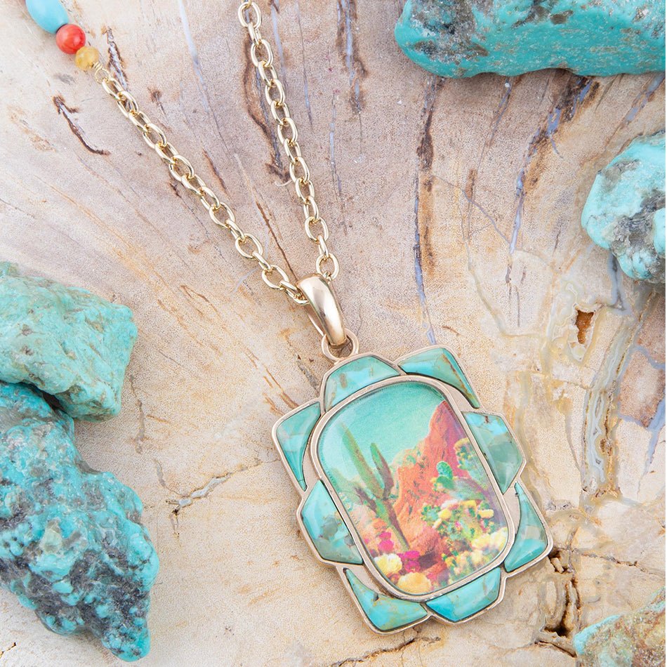 Scenic Sedona Desert Blue Turquoise Golden Pendant Necklace Barse Jewelry