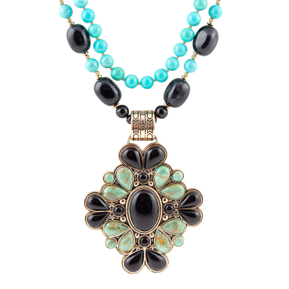 Barcelona Blue Turquoise and Black Onyx Golden Statement Necklace Barse Jewelry