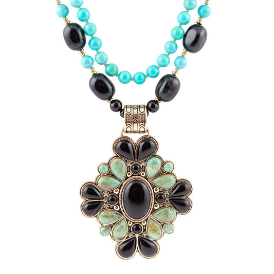 Barcelona Blue Turquoise and Black Onyx Golden Statement Necklace Barse Jewelry
