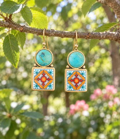 Talavera Tile Blue Turquoise Golden Drop Earrings Barse Jewelry