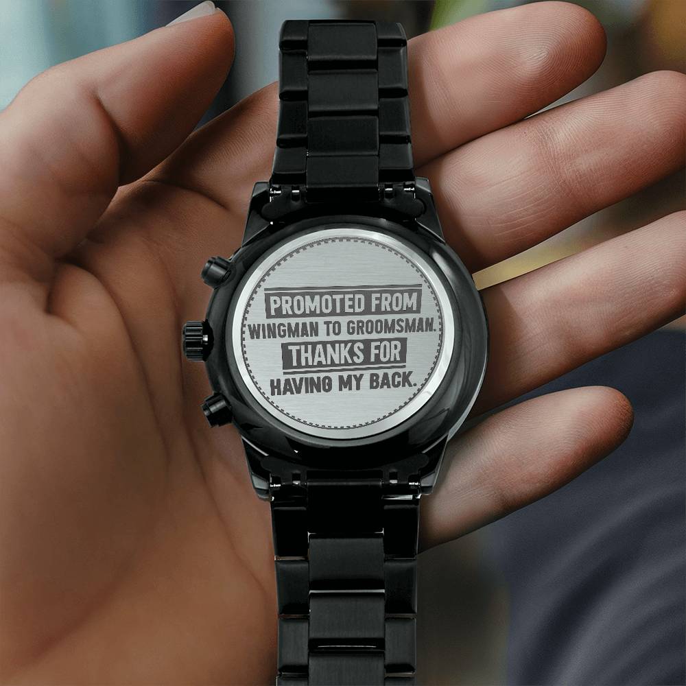 Engraved Black Chronograph Men's Watch - Stainless Steel