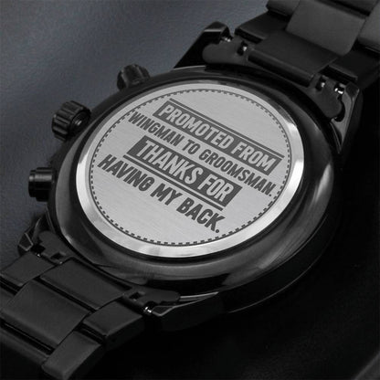 Engraved Black Chronograph Men's Watch - Stainless Steel