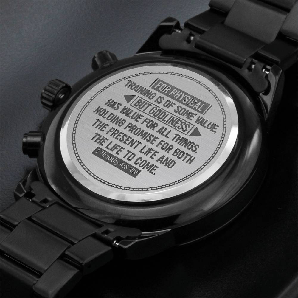 Engraved Black Chronograph Watch - Stainless Steel Quartz Men's