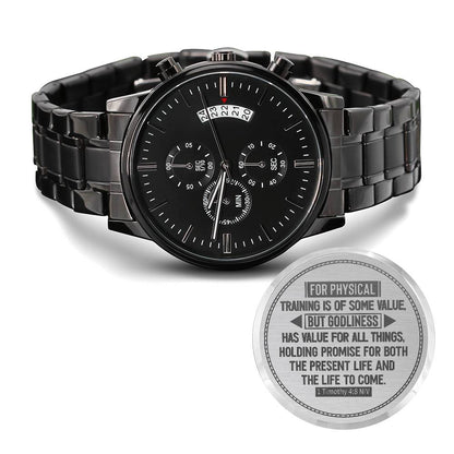 Engraved Black Chronograph Watch - Stainless Steel Quartz Men's