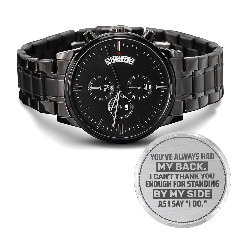 Engraved Black Chronograph Watch - Stainless Steel with Copper Dial