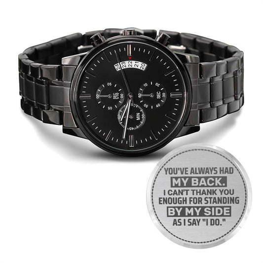Engraved Black Chronograph Watch - Stainless Steel with Copper Dial
