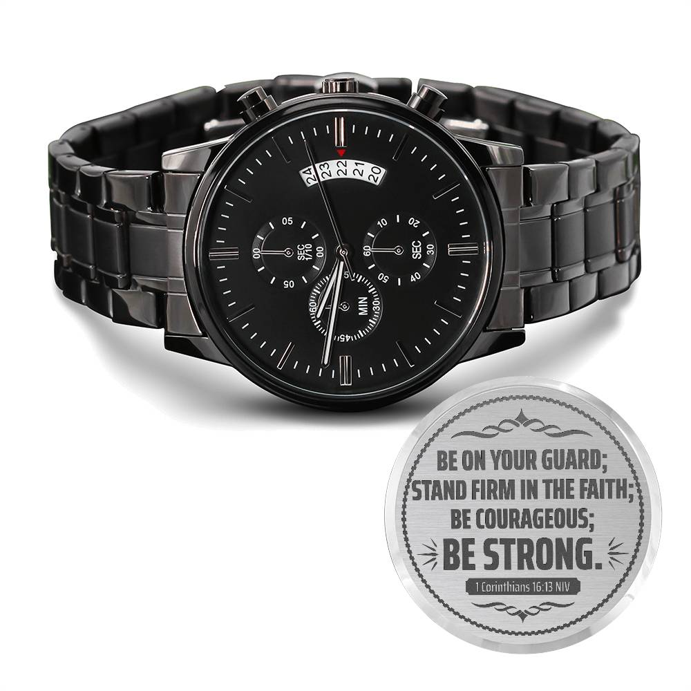 Engraved Black Chronograph Watch - Stainless Steel Copper Dial