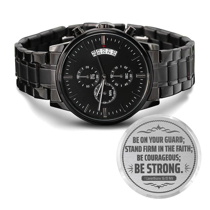 Engraved Black Chronograph Watch - Stainless Steel Copper Dial