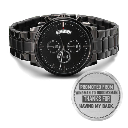 Engraved Black Chronograph Men's Watch - Stainless Steel