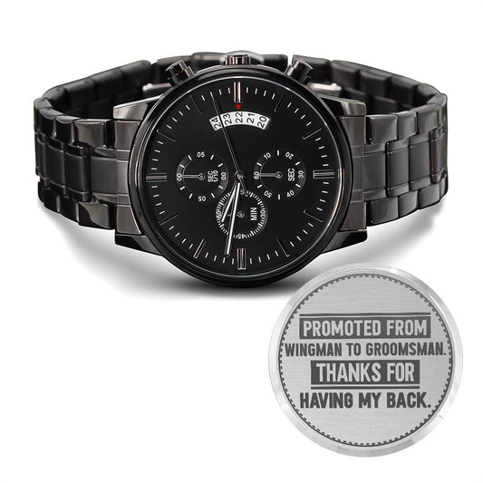 Engraved Black Chronograph Men's Watch - Stainless Steel
