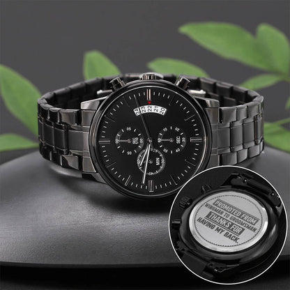 Engraved Black Chronograph Men's Watch - Stainless Steel