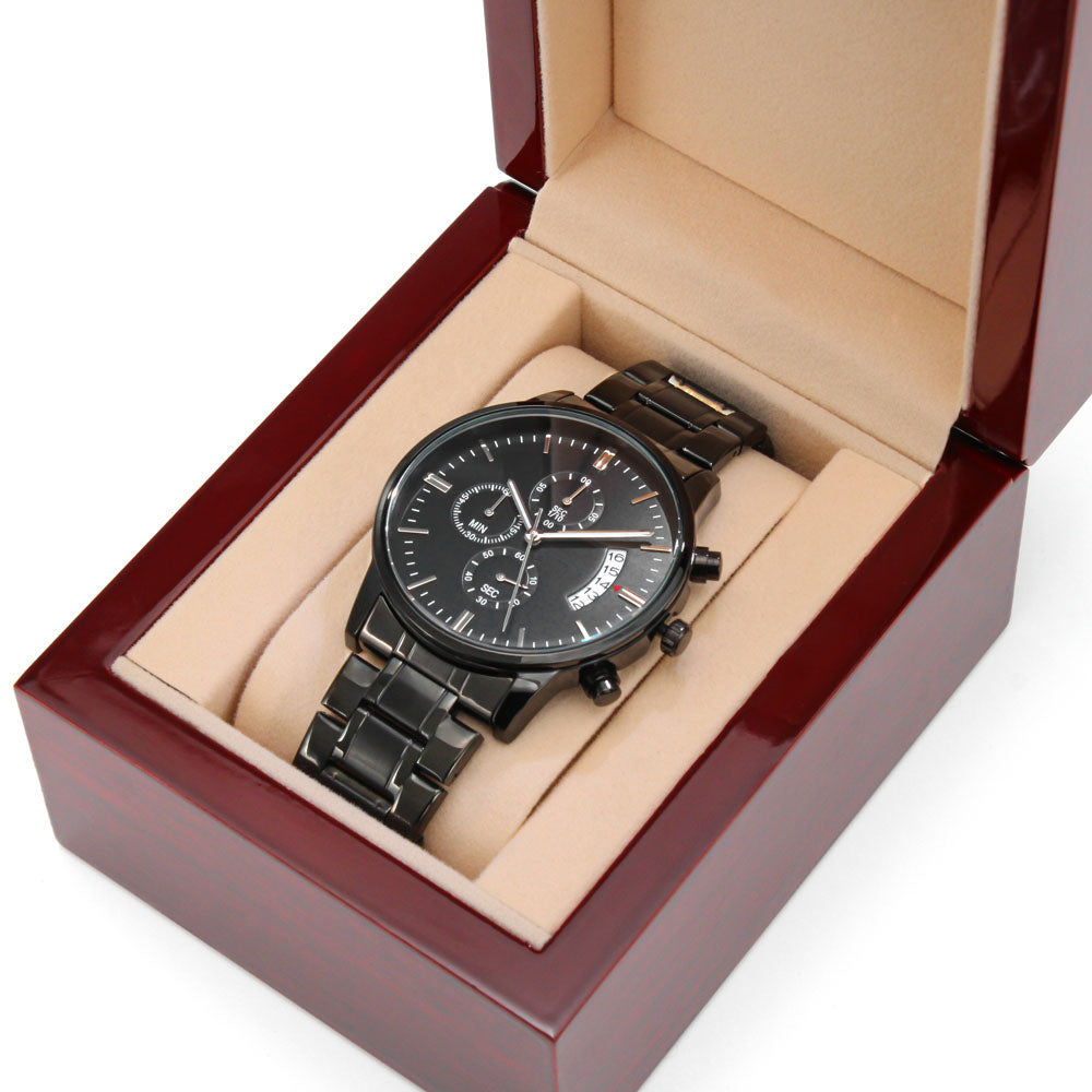 Engraved Black Chronograph Watch - Stainless Steel with Copper Dial