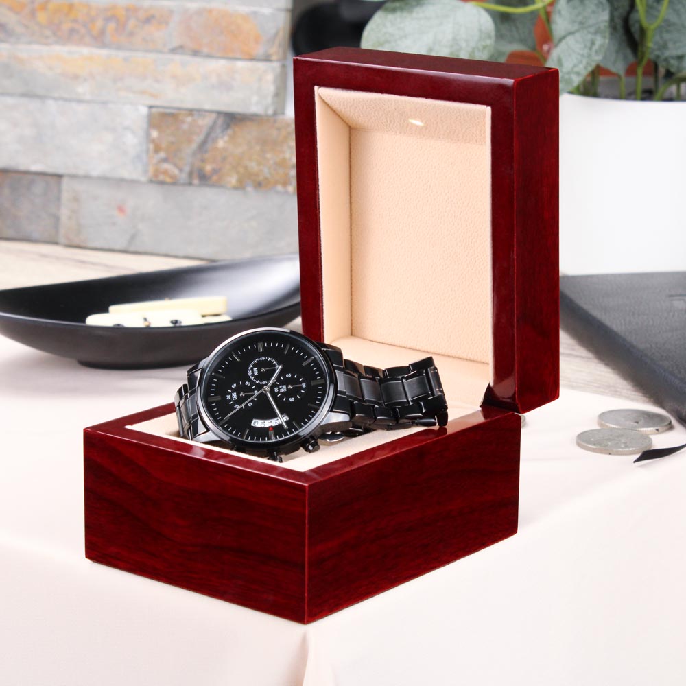 Engraved Black Chronograph Men's Watch - Stainless Steel