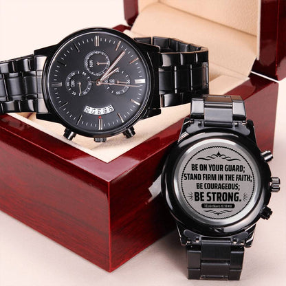 Engraved Black Chronograph Watch - Stainless Steel Copper Dial