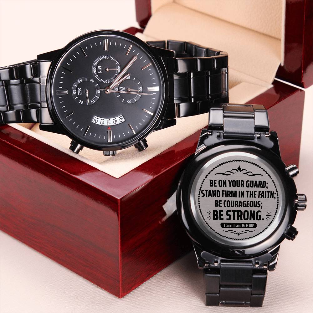 Engraved Black Chronograph Watch - Stainless Steel Copper Dial