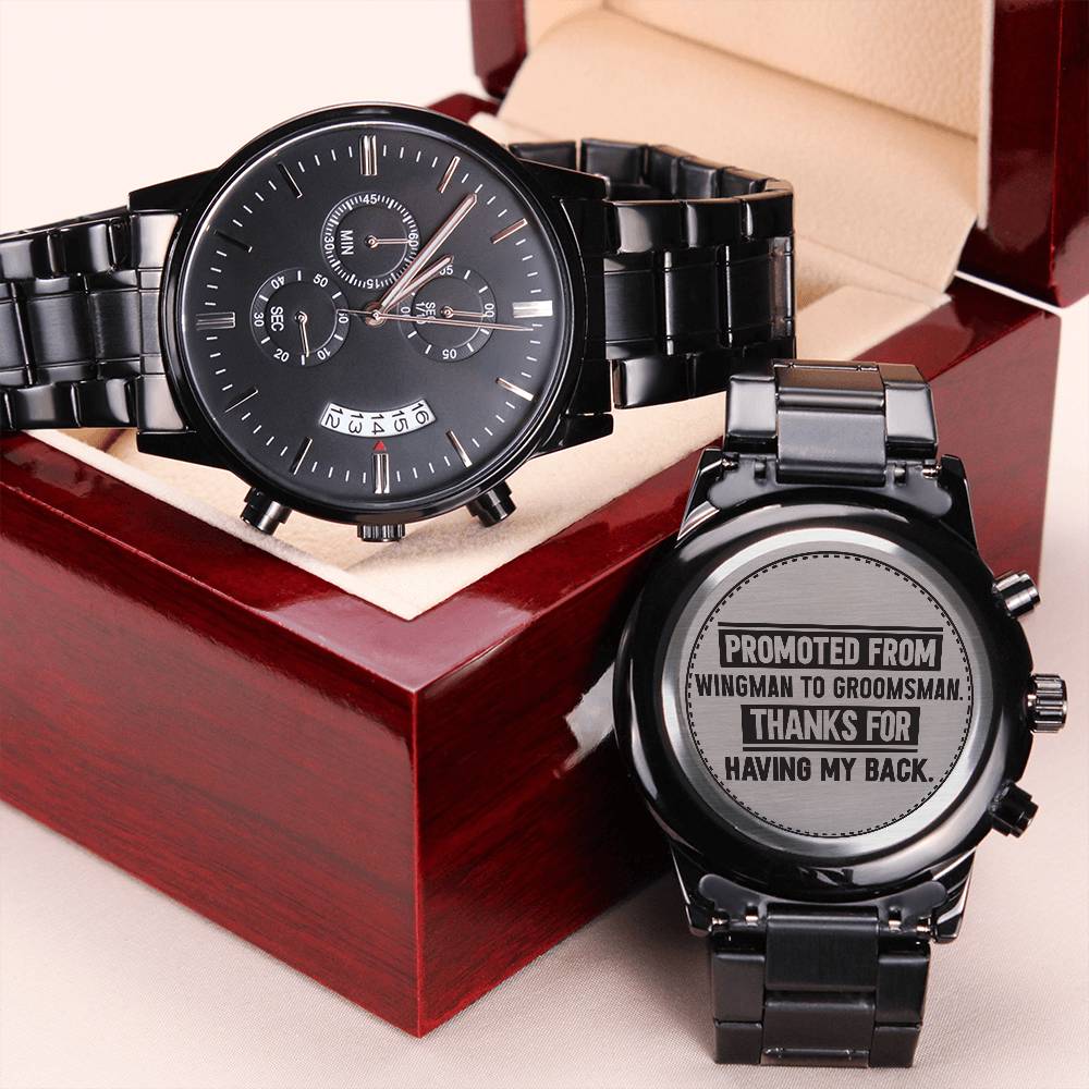Engraved Black Chronograph Men's Watch - Stainless Steel