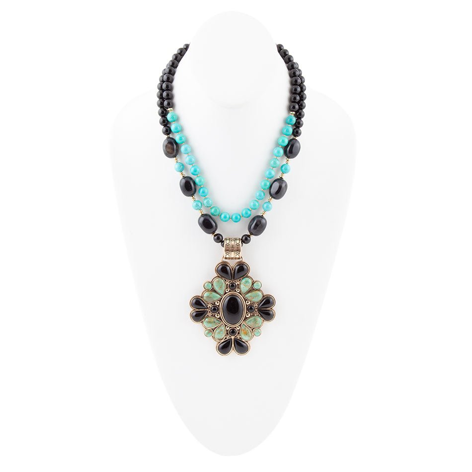 Barcelona Blue Turquoise and Black Onyx Golden Statement Necklace Barse Jewelry