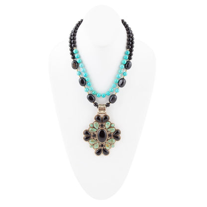 Barcelona Blue Turquoise and Black Onyx Golden Statement Necklace Barse Jewelry