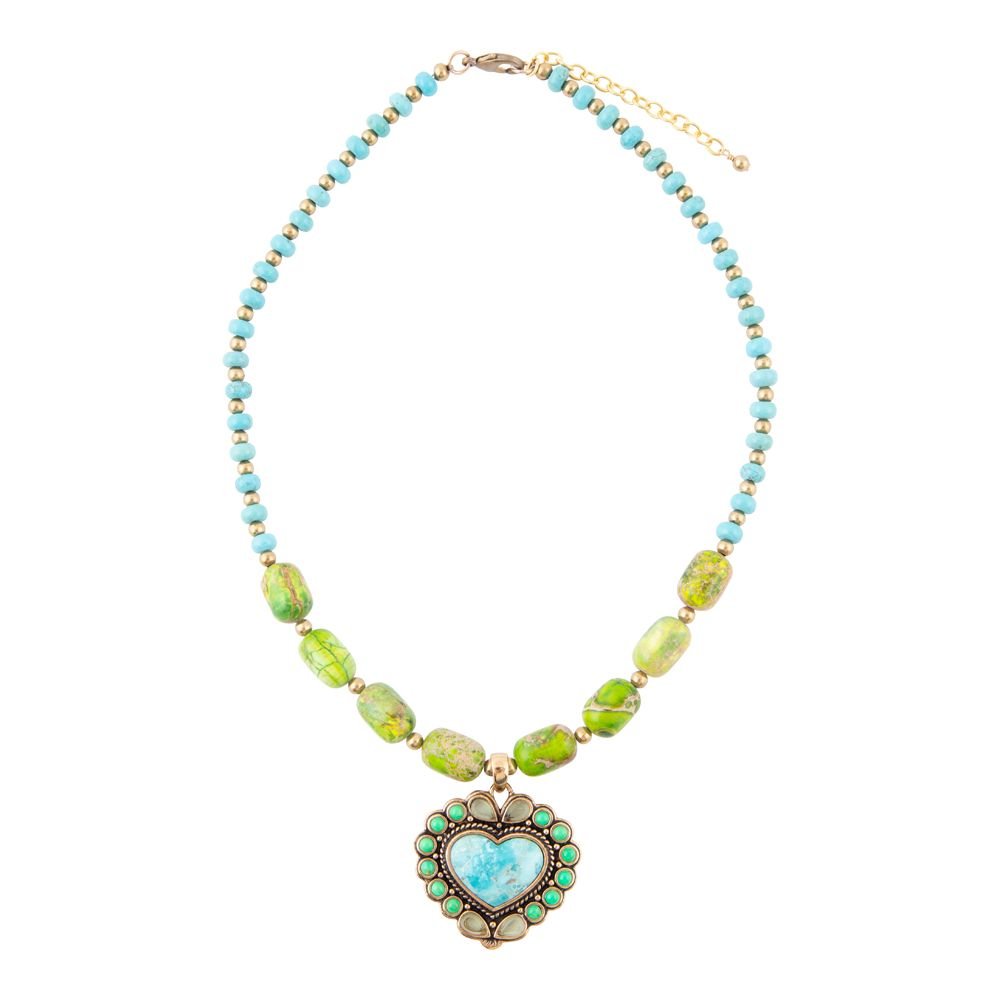 Legacy Heart Lime Green and Blue Turquoise Golden Pendant Necklace Barse Jewelry