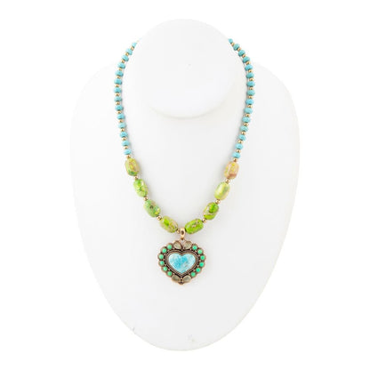 Legacy Heart Lime Green and Blue Turquoise Golden Pendant Necklace Barse Jewelry
