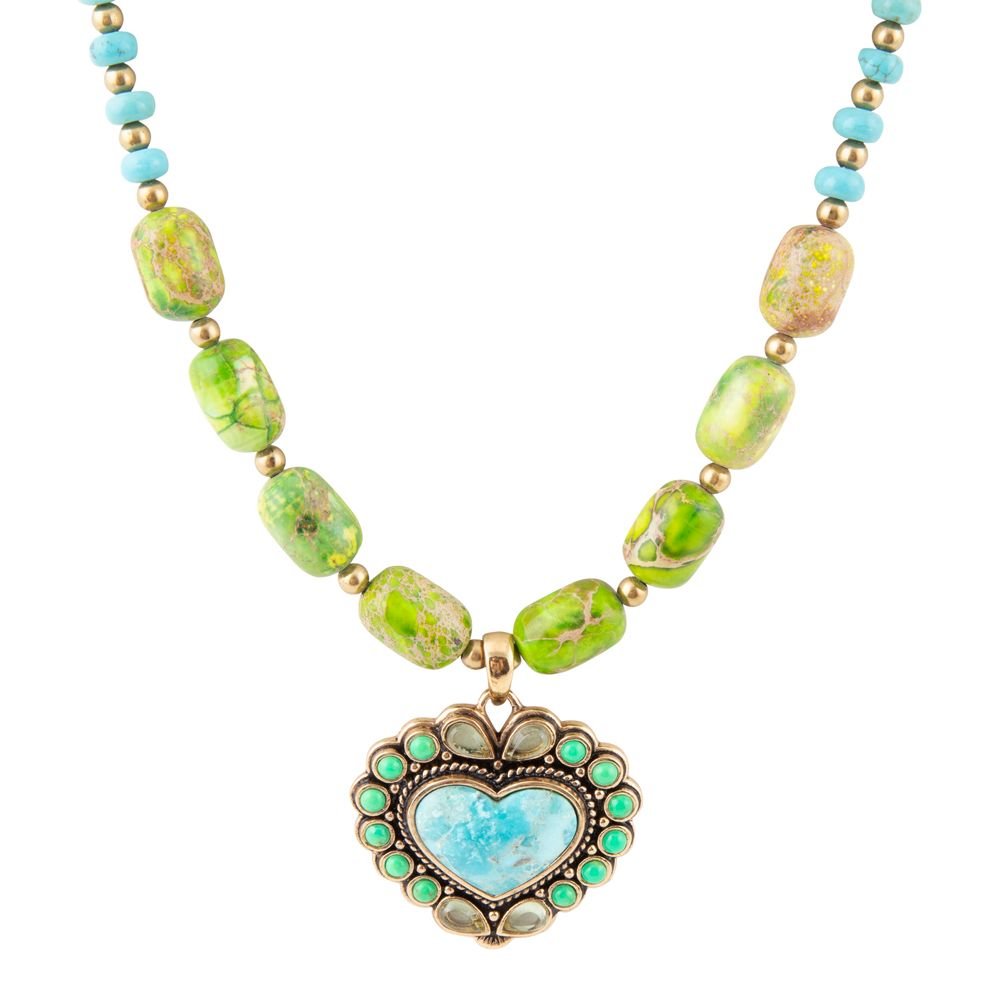 Legacy Heart Lime Green and Blue Turquoise Golden Pendant Necklace Barse Jewelry