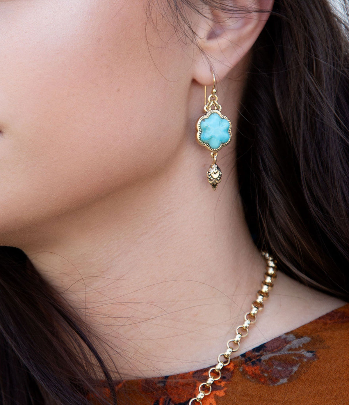 Blue Turquoise Flower Golden Drop Earrings Barse Jewelry