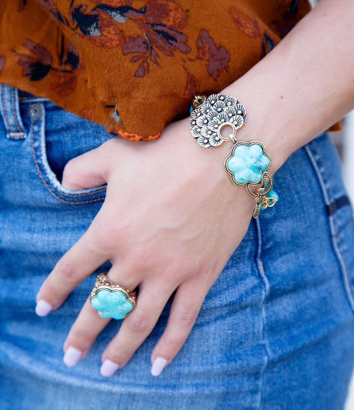 Blue Turquoise Flower Golden Ring Barse Jewelry