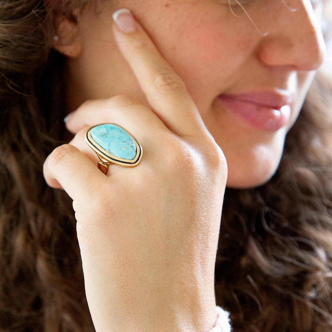 Blue Turquoise Irregular Golden Statement Ring Barse Jewelry