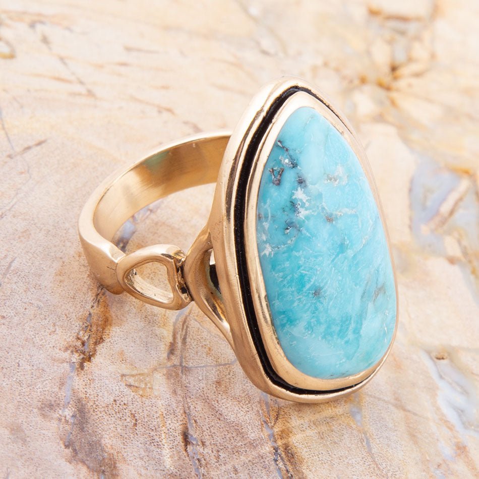 Blue Turquoise Irregular Golden Statement Ring Barse Jewelry