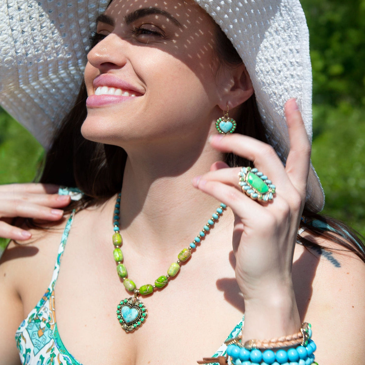 Legacy Heart Lime Green and Blue Turquoise Golden Drop Earrings Barse Jewelry