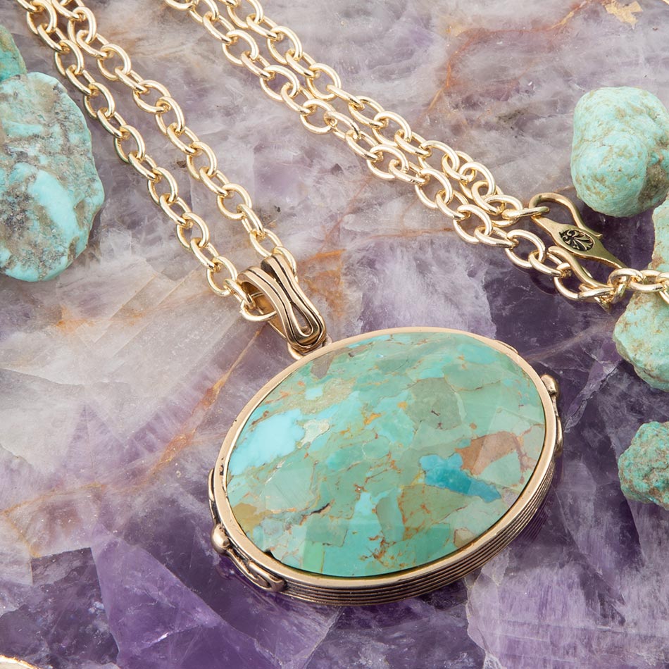 Blue Turquoise Long Golden Chain Necklace Barse Jewelry