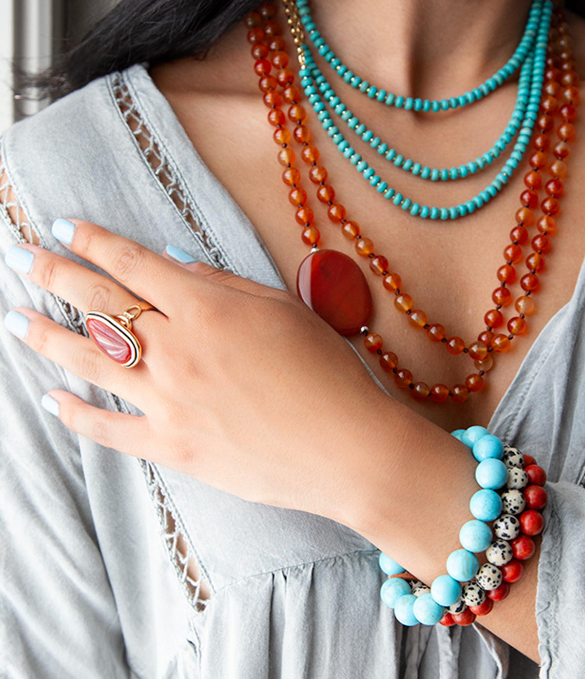 Blue Turquoise Magnesite Golden Necklace Barse Jewelry
