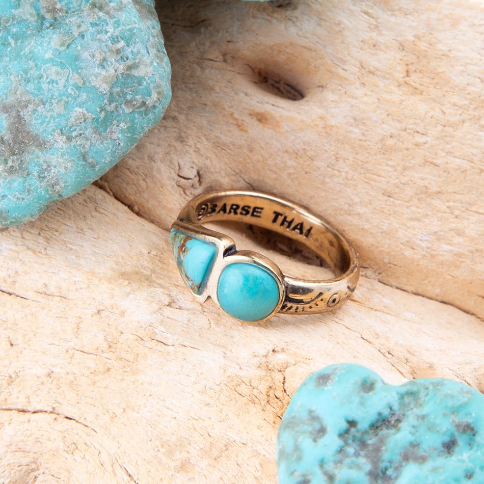 Blue Turquoise Shape Golden Bronze Ring Barse Jewelry