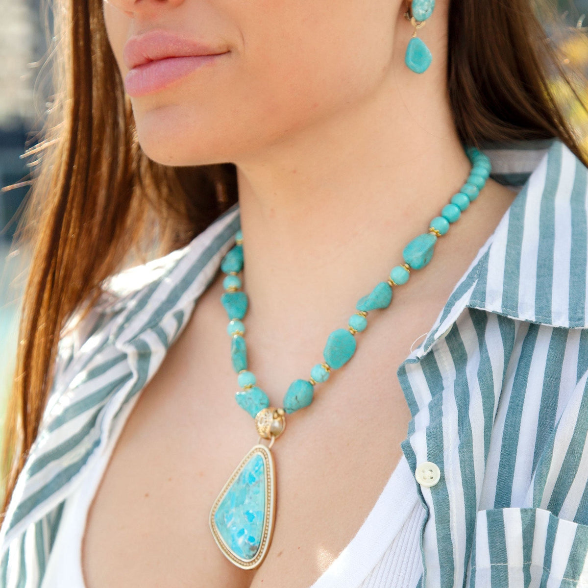 Blue Turquoise Triangle Golden Pendant Necklace Barse Jewelry