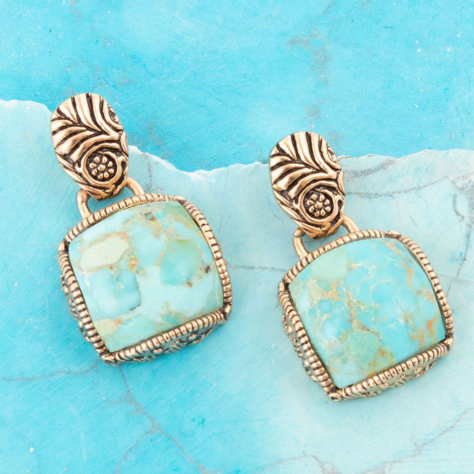 Carved Blue Turquoise Golden Drop Earrings Barse Jewelry
