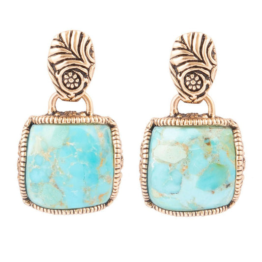 Carved Blue Turquoise Golden Drop Earrings Barse Jewelry
