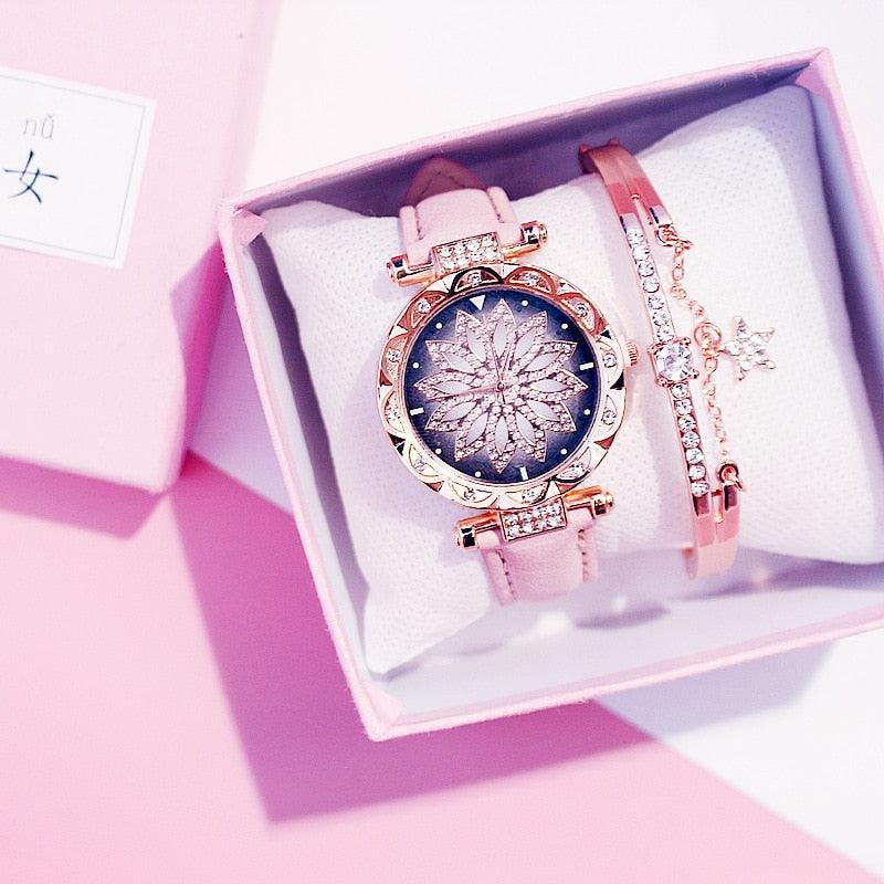 Casual Women Romantic Starry Sky Wrist Watch Bracelet Leather Rhinestone Designer Simple Dress Women's Watches Women Starry Sky PU Leather Strap Quartz Wristwatches For Woman Girls Teenagers Stevvex