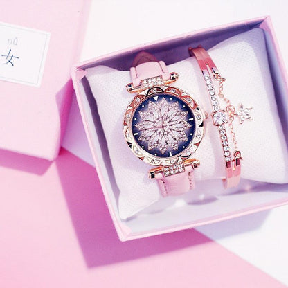 Casual Women Romantic Starry Sky Wrist Watch Bracelet Leather Rhinestone Designer Simple Dress Women's Watches Women Starry Sky PU Leather Strap Quartz Wristwatches For Woman Girls Teenagers Stevvex