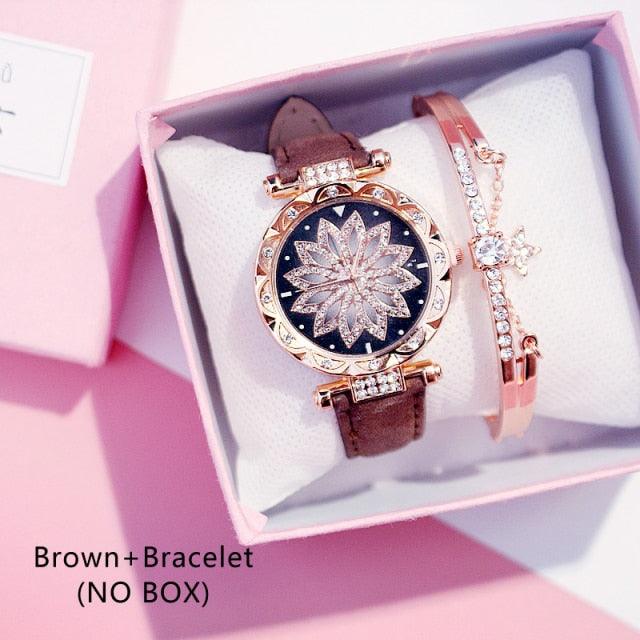 Casual Women Romantic Starry Sky Wrist Watch Bracelet Leather Rhinestone Designer Simple Dress Women's Watches Women Starry Sky PU Leather Strap Quartz Wristwatches For Woman Girls Teenagers Stevvex