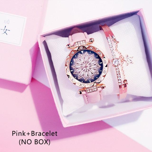 Casual Women Romantic Starry Sky Wrist Watch Bracelet Leather Rhinestone Designer Simple Dress Women's Watches Women Starry Sky PU Leather Strap Quartz Wristwatches For Woman Girls Teenagers Stevvex