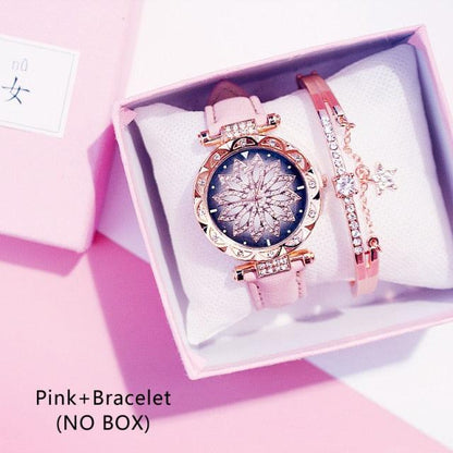 Casual Women Romantic Starry Sky Wrist Watch Bracelet Leather Rhinestone Designer Simple Dress Women's Watches Women Starry Sky PU Leather Strap Quartz Wristwatches For Woman Girls Teenagers Stevvex