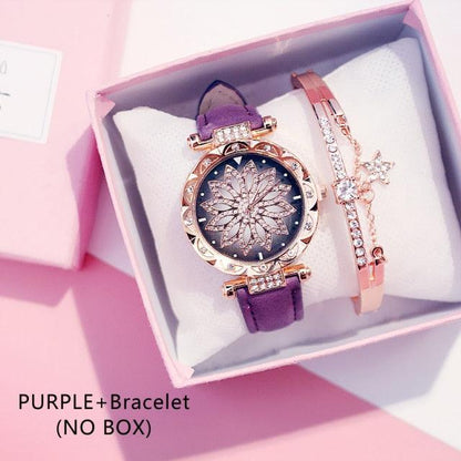 Casual Women Romantic Starry Sky Wrist Watch Bracelet Leather Rhinestone Designer Simple Dress Women's Watches Women Starry Sky PU Leather Strap Quartz Wristwatches For Woman Girls Teenagers Stevvex