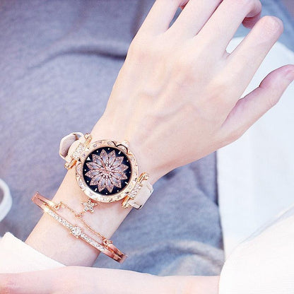Casual Women Romantic Starry Sky Wrist Watch Bracelet Leather Rhinestone Designer Simple Dress Women's Watches Women Starry Sky PU Leather Strap Quartz Wristwatches For Woman Girls Teenagers Stevvex