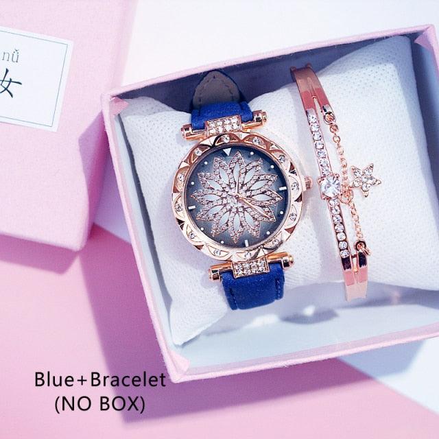 Casual Women Romantic Starry Sky Wrist Watch Bracelet Leather Rhinestone Designer Simple Dress Women's Watches Women Starry Sky PU Leather Strap Quartz Wristwatches For Woman Girls Teenagers Stevvex