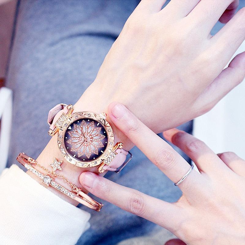 Casual Women Romantic Starry Sky Wrist Watch Bracelet Leather Rhinestone Designer Simple Dress Women's Watches Women Starry Sky PU Leather Strap Quartz Wristwatches For Woman Girls Teenagers Stevvex